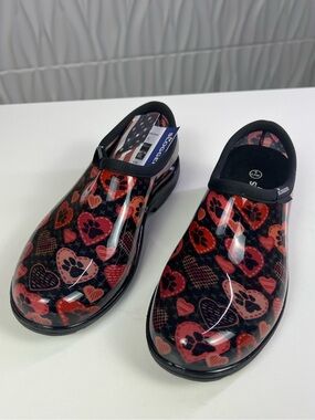 Sloggers Red & Black Heart Paw Print  Waterproof Slip On Shoes - Brand New